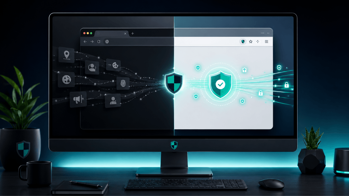 Browser Privacy Settings contrasting default tracking with stricter tracker blocking and cookie controls