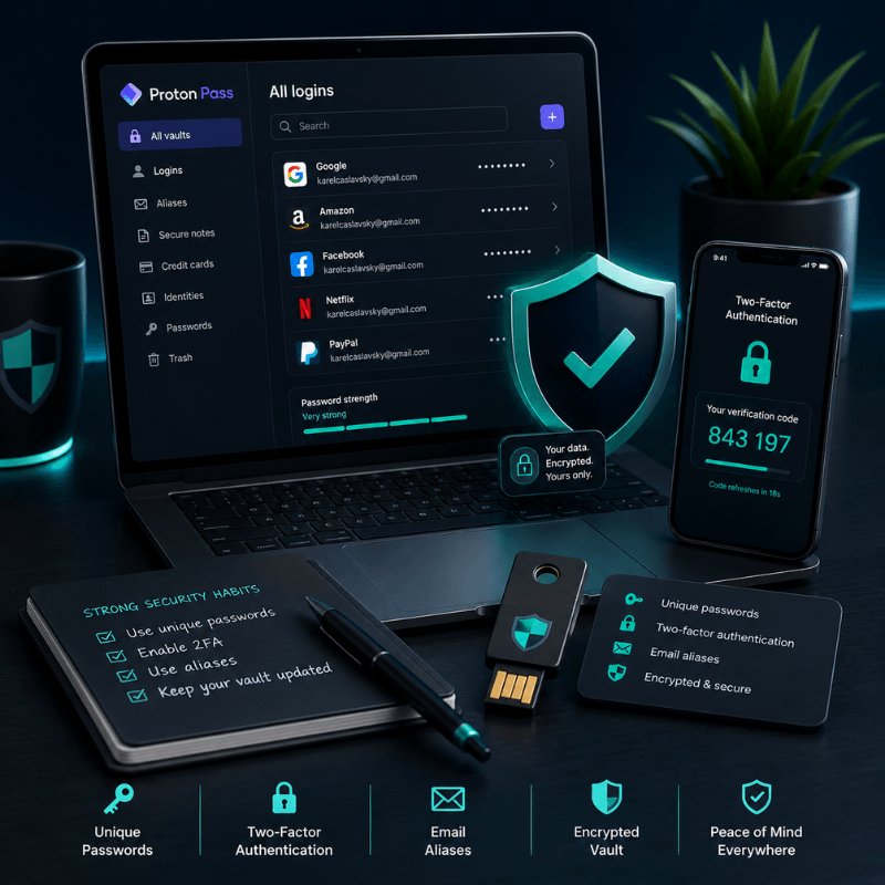 Privacy Settings for account security using unique passwords, two-factor authentication and email aliases