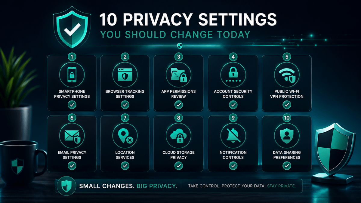 Privacy Settings checklist showing ten completed controls for phones, browsers, accounts, cloud storage and public Wi-Fi