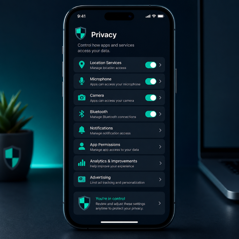 Smartphone Privacy Settings showing location, microphone, camera and app permission controls