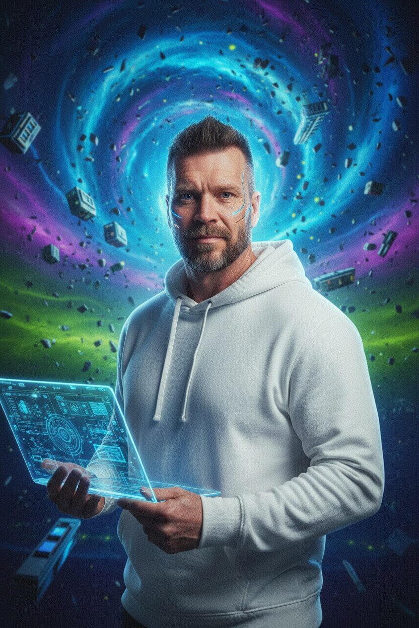 Portrait of the founder of Privora Click, a digital nomad and privacy advocate, holding a futuristic laptop against a cosmic background