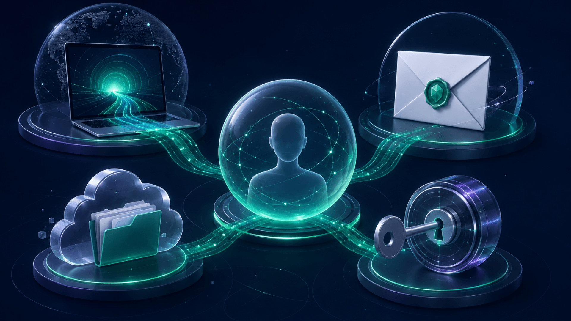 A person surrounded by connected digital privacy protection for browsing, email, passwords and files